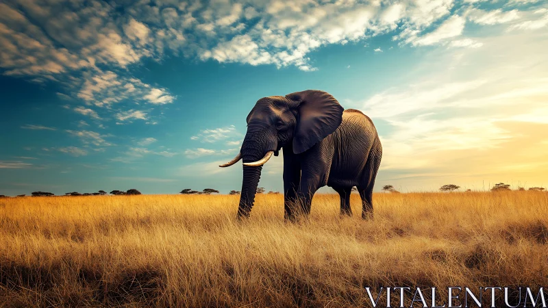 African elephant in golden savanna under dramatic sunset sky.