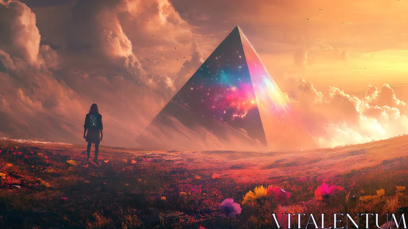 Stargazing traveler meets a glowing cosmic pyramid horizon.