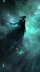Shrouded spectral figure drifts through luminous teal void