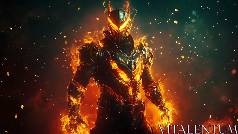 Armored fire warrior stands in sparks and glowing embers.