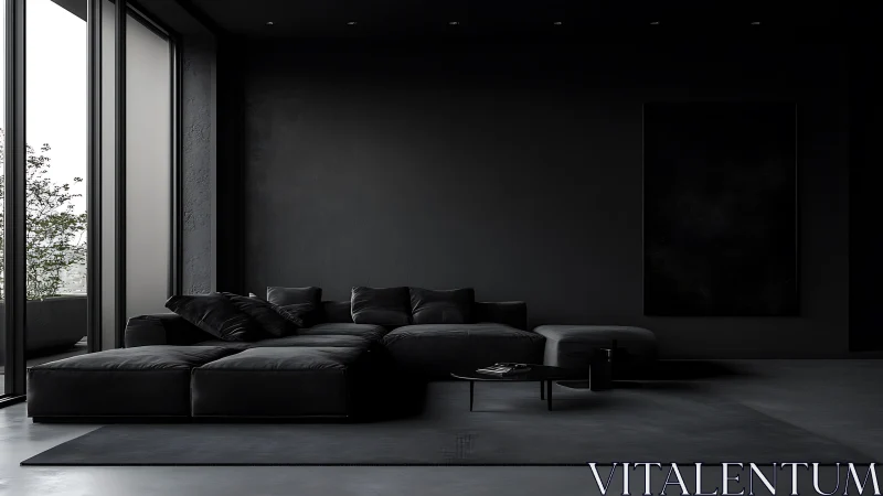 Monochrome living room with sectional sofa and glazing.