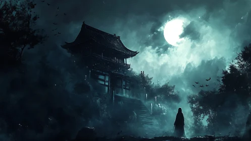 Solitary figure approaches moonlit temple on misty hill