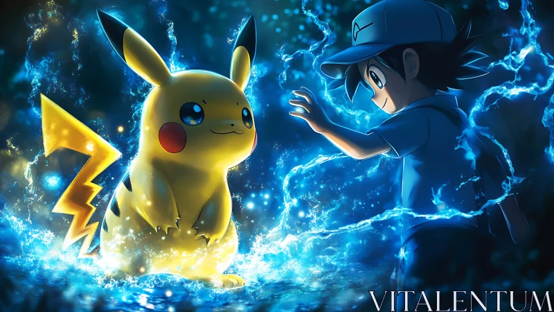 Boy reaching toward Pikachu in glowing electric blue light.