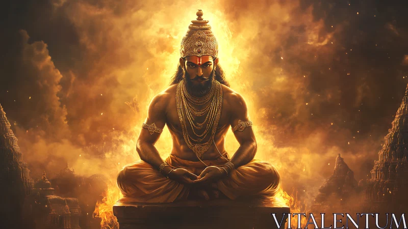 Mythic warrior ascetic in lotus pose amid volumetric fire clouds