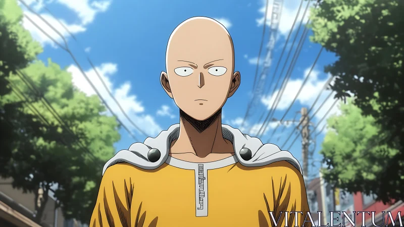 Bald anime character stands in urban street under power lines
