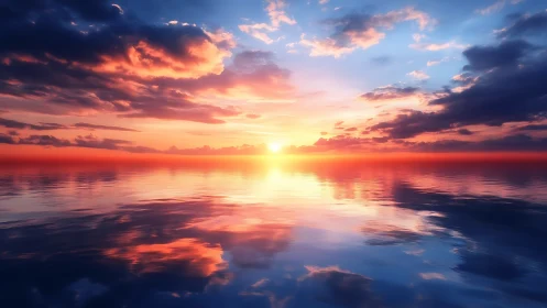 Radiant sunset sinks into mirror-still reflective ocean horizon.