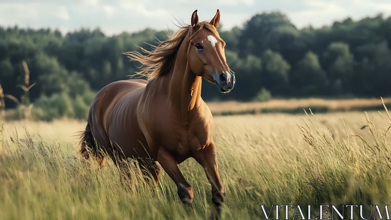 Chestnut horse moving through tall grass in open field.