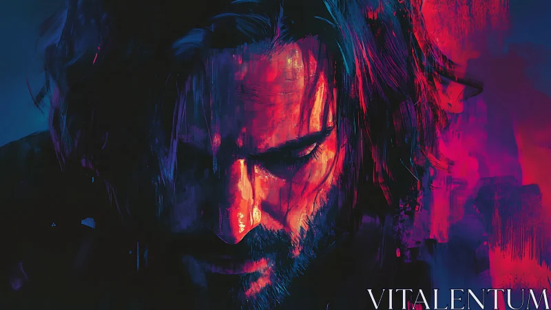 Brooding portrait glows under electric neon brushstrokes.