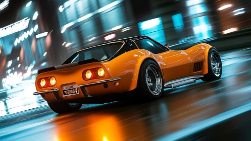 Midnight sprint by orange classic sports coupe on neon streets.
