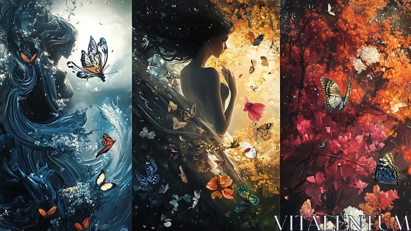 Elemental goddess triptych with luminous seasonal butterflies.