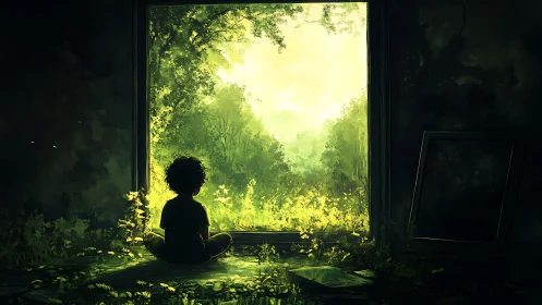Child silhouetted in doorway observing bright green forest.