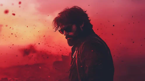 Bearded man in sunglasses walks through red drifting dust