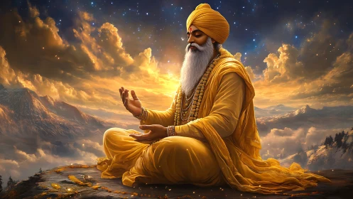 Mystic sage in golden meditation above glowing mountain sky.