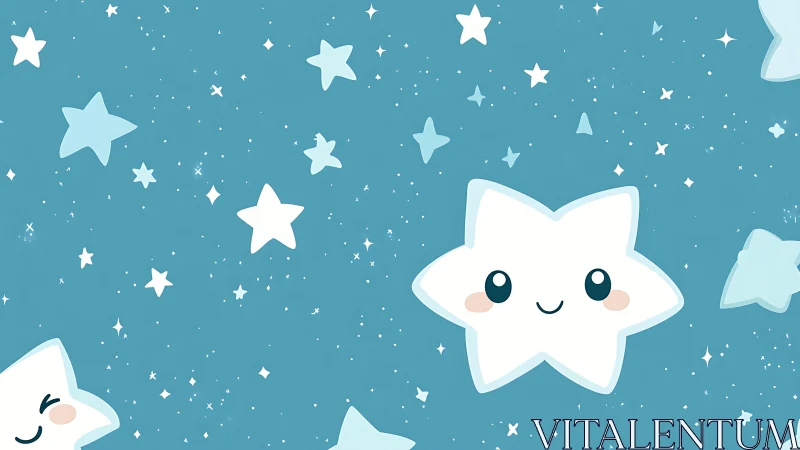 Kawaii cartoon star pattern on teal night sky background