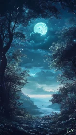 Moonlit forest path leading to distant water horizon.