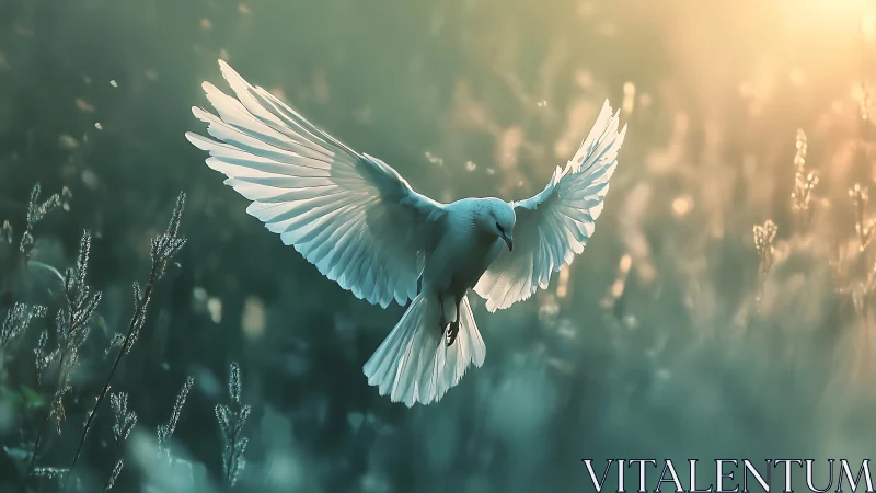 White dove in flight with glowing wings, nature photography style.