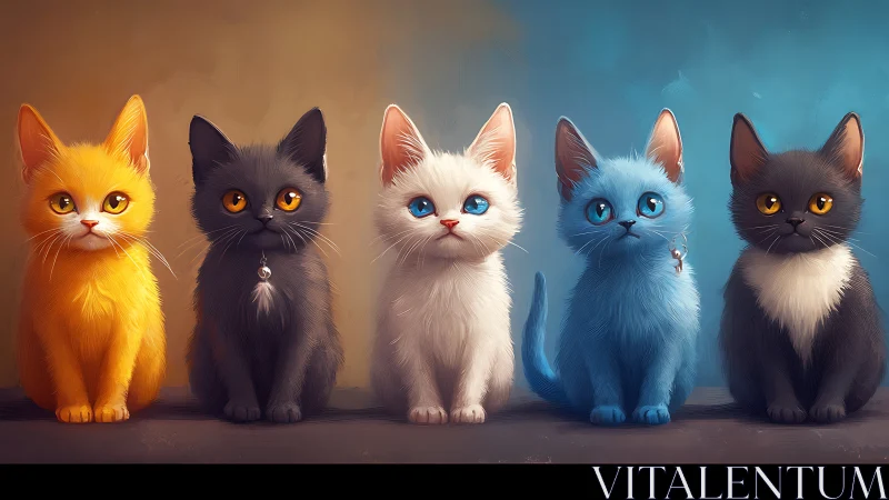 Five Stylized Cats with Luminous Eyes Arranged in Profile