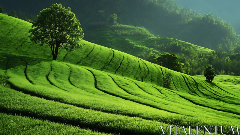 Green terraced hillside with trees in soft morning light.