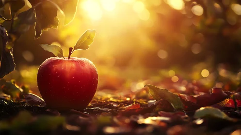 Backlit red orchard apple on ground with autumn leaf bokeh