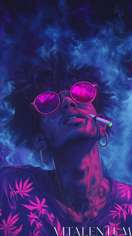 Neon-lit portrait of smoker in ultraviolet rim light and vapor clouds