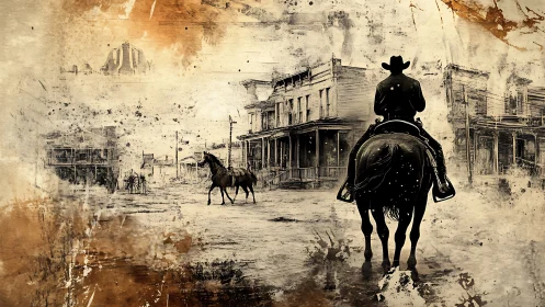 Cowboy silhouette on horseback surveys distressed western main street