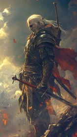 Armored warrior observes burning valley in dramatic side profile