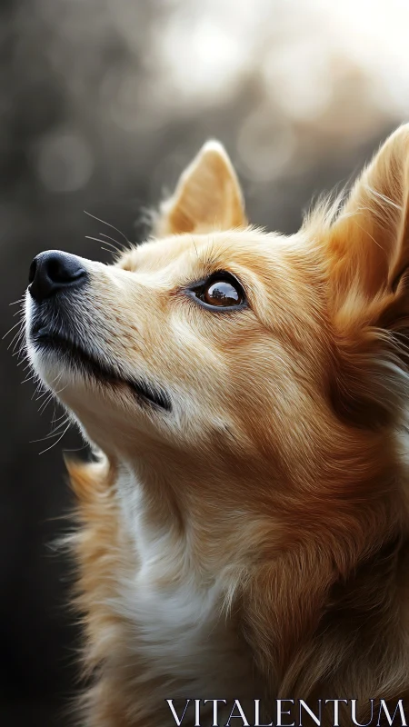 Dog looks upward in closeup portrait with soft background