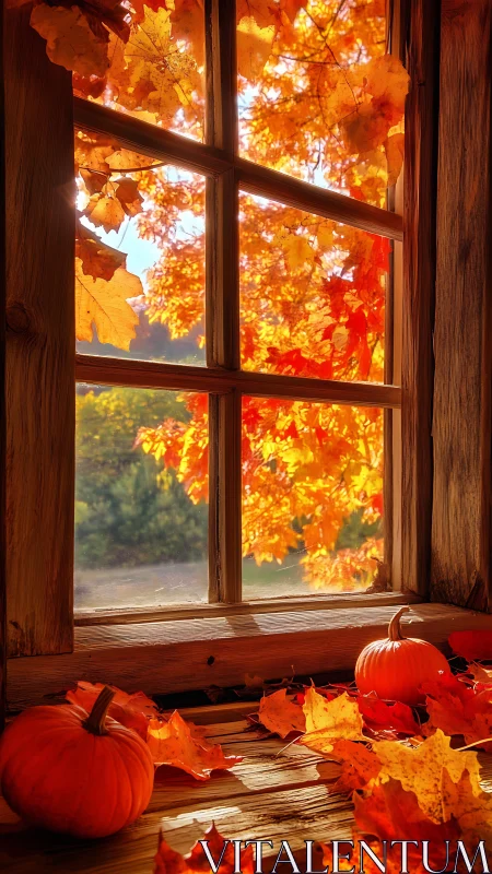 Golden autumn window scene with pumpkins and maple leaves.