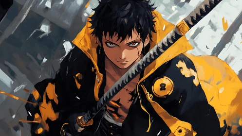 Confident anime swordsman in bold black and yellow coat.