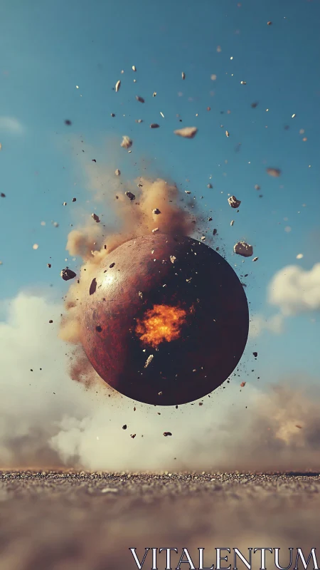 Cinematic spherical explosion study with suspended debris field.