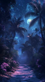 Moonlit tropical path under glowing violet reflections.