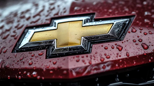 Chevrolet bowtie emblem on wet red vehicle hood.