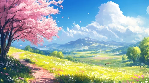 Sunlit spring path beneath a dreamy pink blossom tree.