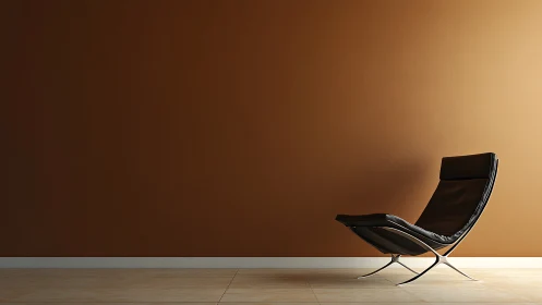 Modern black lounge chair against plain brown wall.