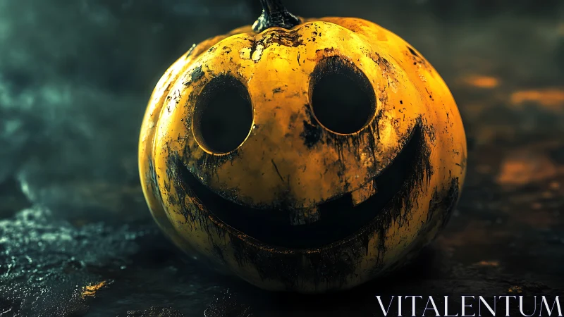 Grinning jack-o’-lantern smiles eerily in moody foggy light