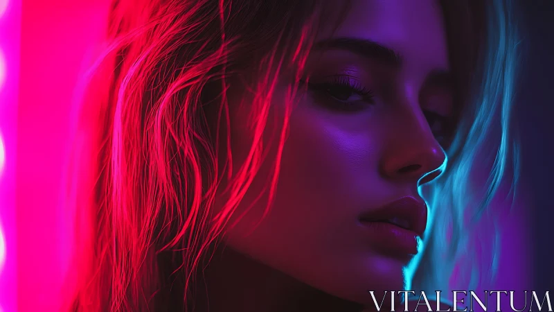 Portrait shows woman in saturated pink and blue neon lighting
