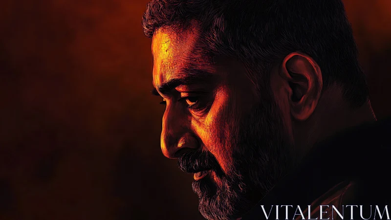 Pensive side profile glows in dramatic ember light.