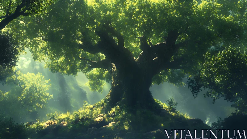 Majestic ancient tree in sunlit forest, fantasy illustration style.