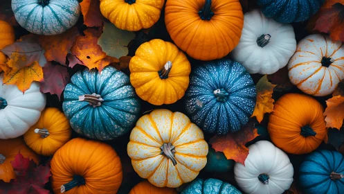 Colorful pumpkins arranged over scattered autumn leaves.