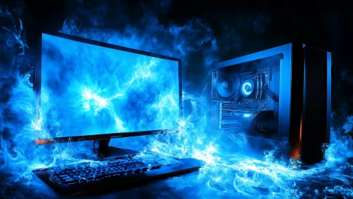 Desktop computer and monitor emit blue volumetric light effects
