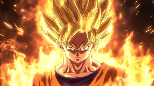 Spiky haired anime fighter stands in intense surrounding flames