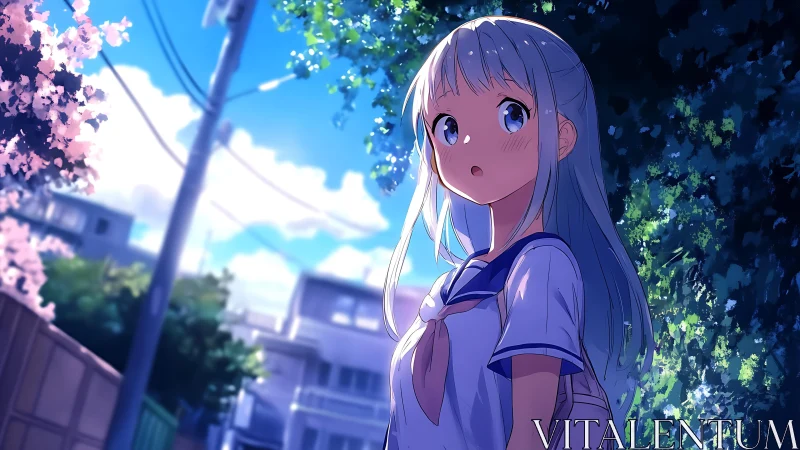 Schoolgirl pauses under summer light on a quiet street