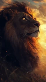 Golden-eyed lion gazes into a warm, glowing sunset sky