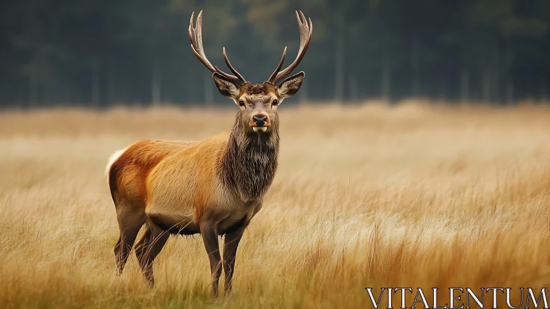 Red deer stag standing alert in tall golden field grass.