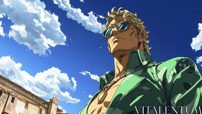 Stylized muscular man in sunglasses under intense midday sky