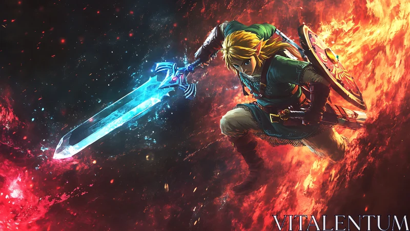 Armored elf warrior leaps through fire with glowing sword