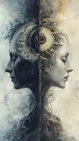 Dual ascendant visages in fractured elemental symmetry.