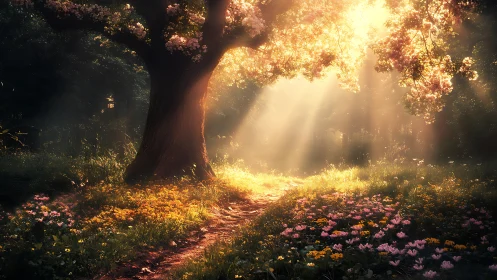 Enchanted Sunlit Tree in Bloom with Wildflowers, Dreamy Landscape.