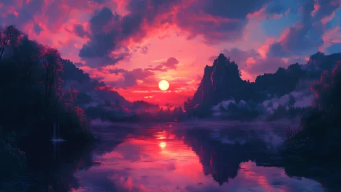 Twilight paints a neon river beneath dreaming ember clouds.