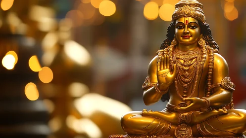 Golden statue of seated deity with soft bokeh lights.